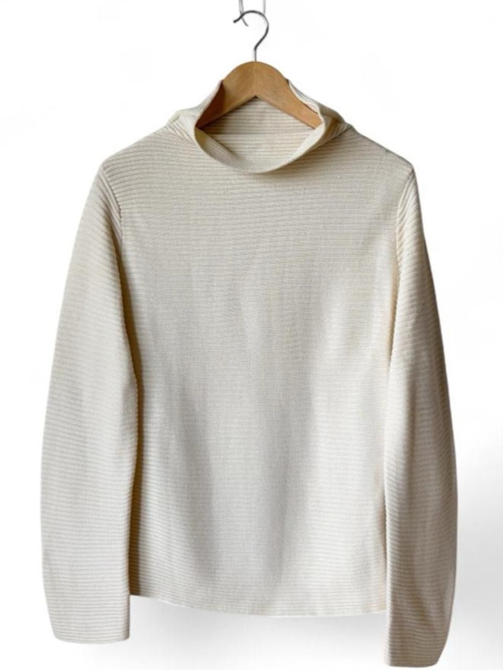 Eileen Fisher 100% Extra Fine Merino Wool Cream Ribbed Knit Mockneck Sweater